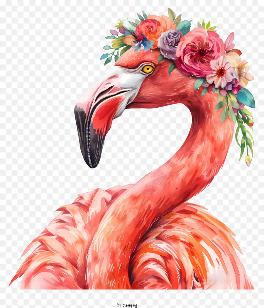 фламинго с цветочной короной，Pink Flamingo PNG