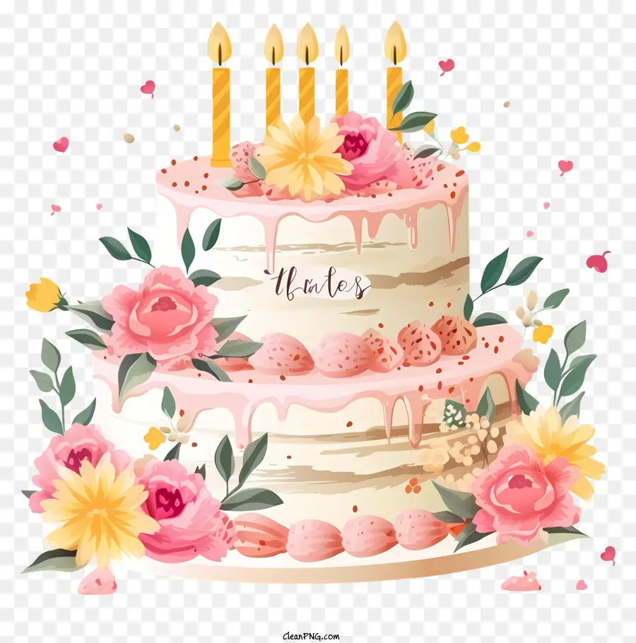 Плоский торт на день рождения и цветы，украшение торта PNG