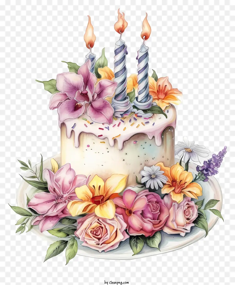 Нарисованный вручную торт на день рождения и цветы，День рождения Торт PNG