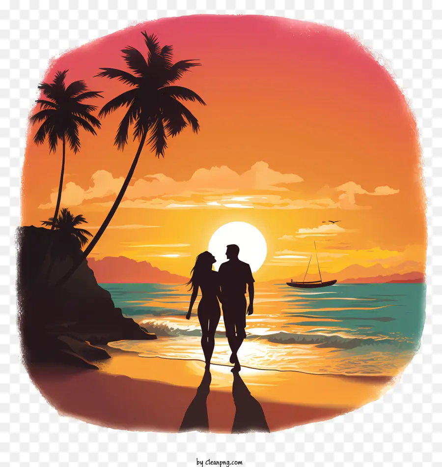 Романтический закат，Пара гуляет по пляжу PNG