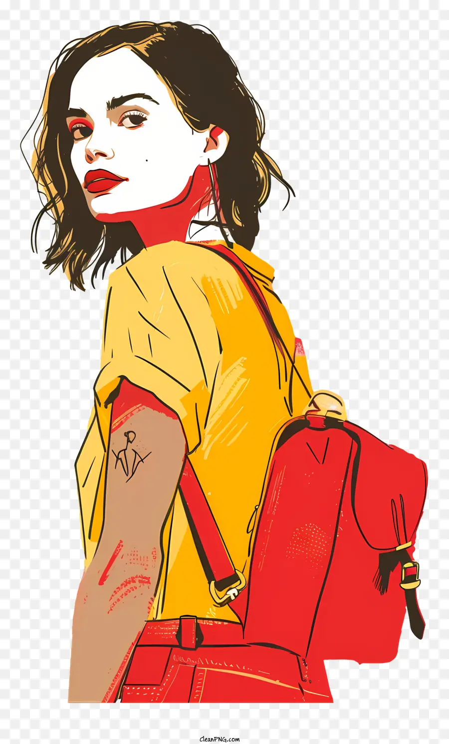 Девушка из колледжа с сумкой，женщина в красном PNG
