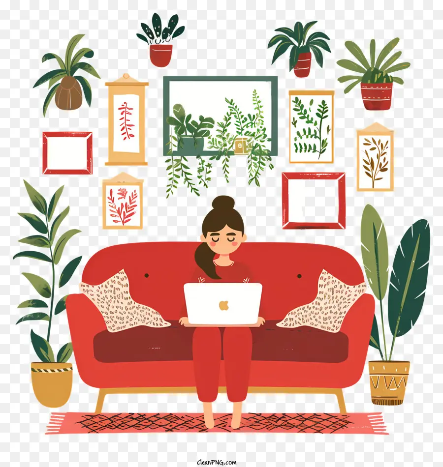 девушка с ноутбуком，красный диван PNG