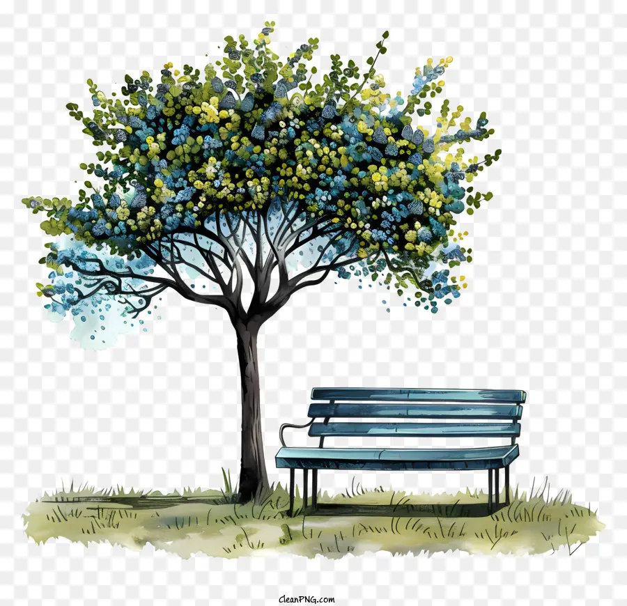 скамейке в парке，синяя скамейка PNG