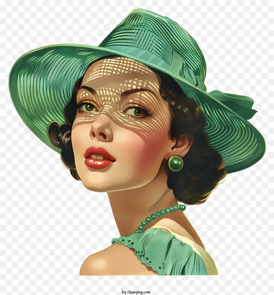 Модная ретро женщина，Женщина в зеленой шляпе живописи PNG