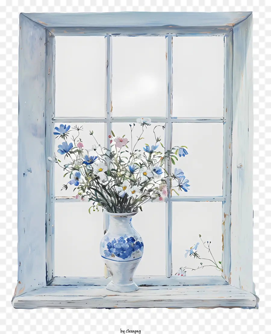 весенние окна цветы，синие и белые цветы PNG