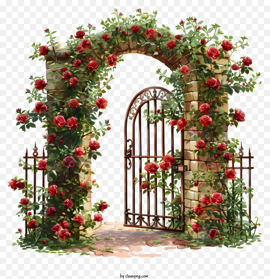 Весенние садовые ворота цветы，Красные Розы PNG