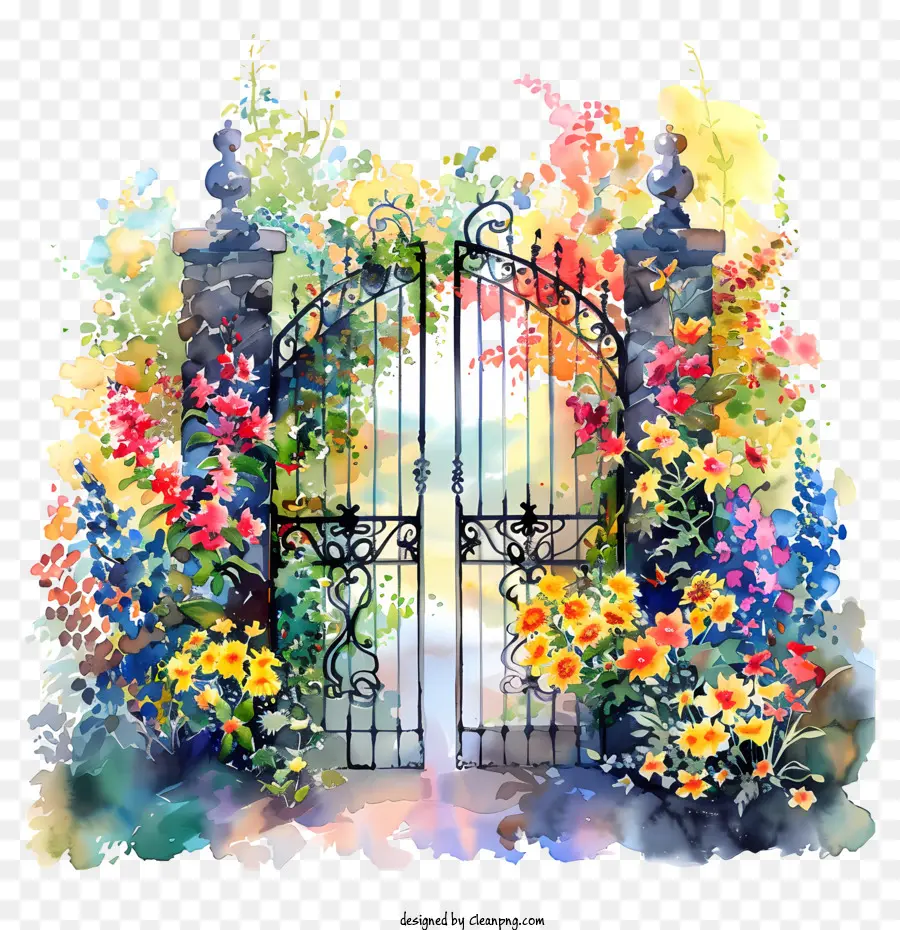 Весенние садовые ворота цветы，акварельная живопись PNG