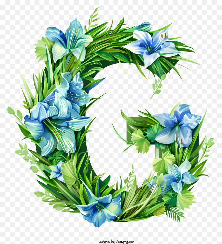 Буква G，зеленые цветы PNG