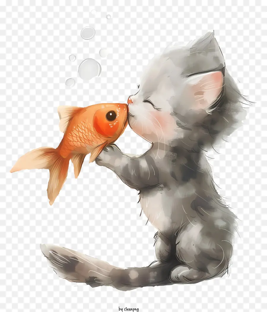 Кошка целует рыбу，милый котенок PNG