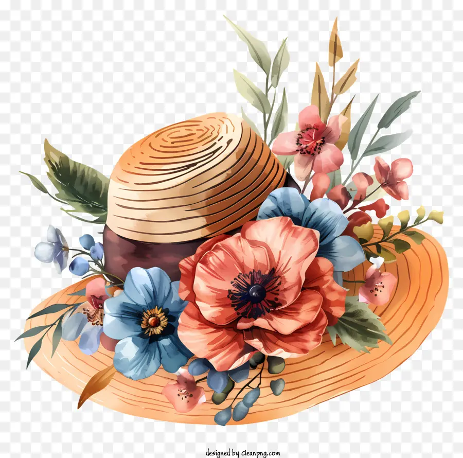 Boho，цветочная соломенная шляпа PNG