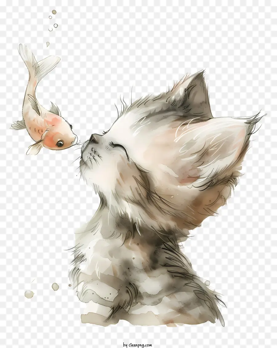 милая кошка целует рыбу，Белый котенок PNG