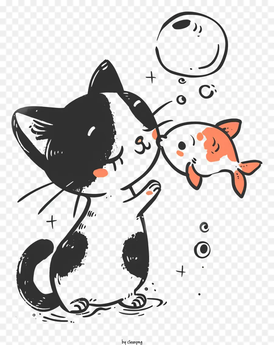 милая кошка целует рыбу，Черный кот PNG