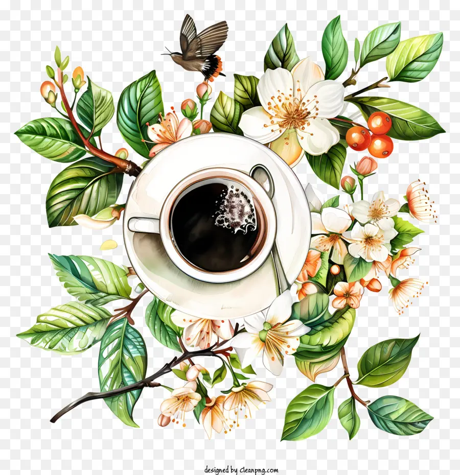 Время весеннего кофе，цветы PNG