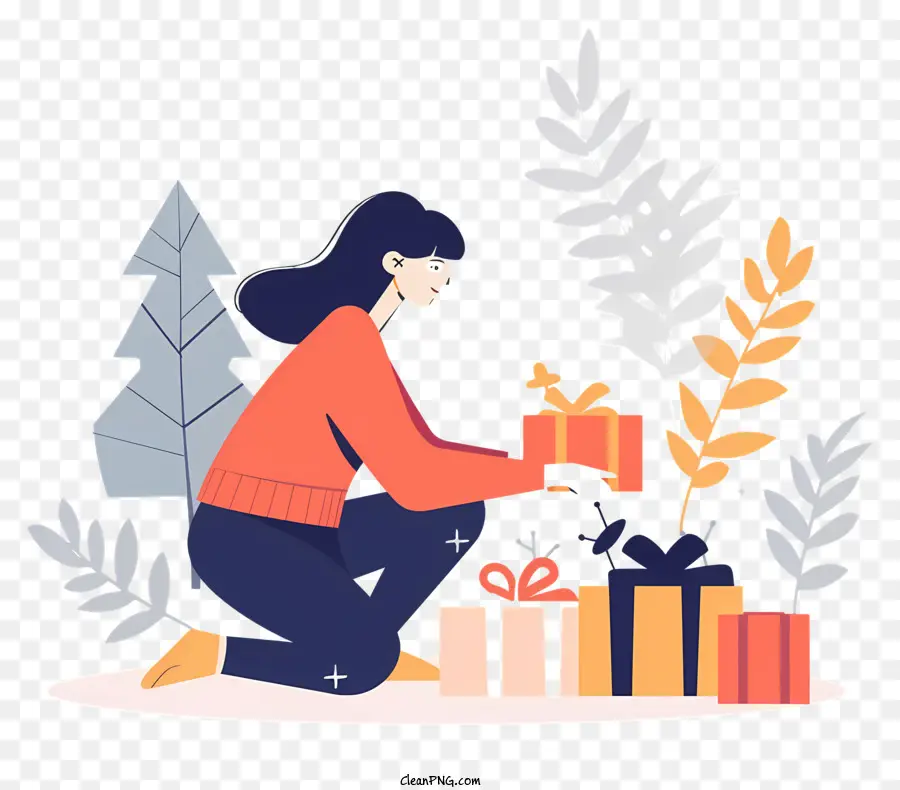 Женщина держащая подарочную коробку，Новогодние елки PNG