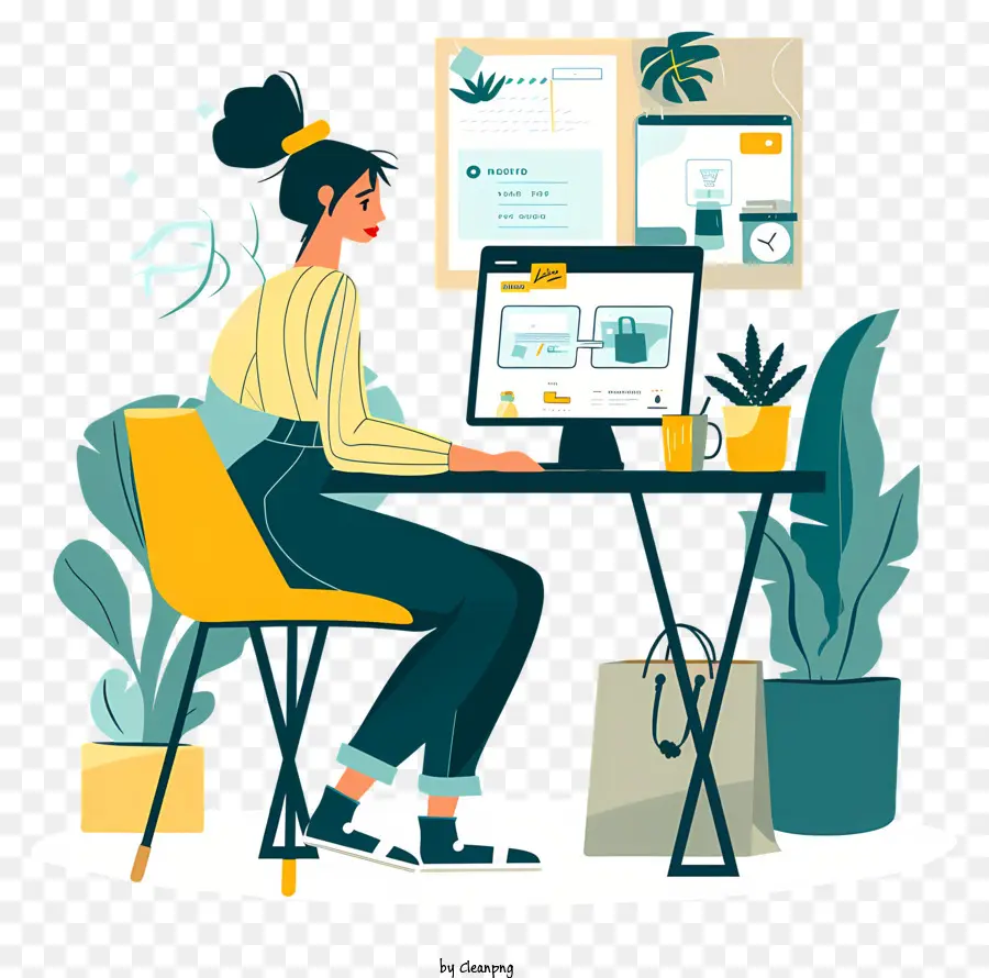 Женщина занимающаяся онлайн покупками，работа в офисе PNG