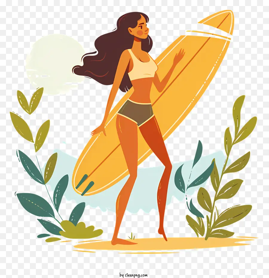 Женщина с доску для серфинга，пляж PNG