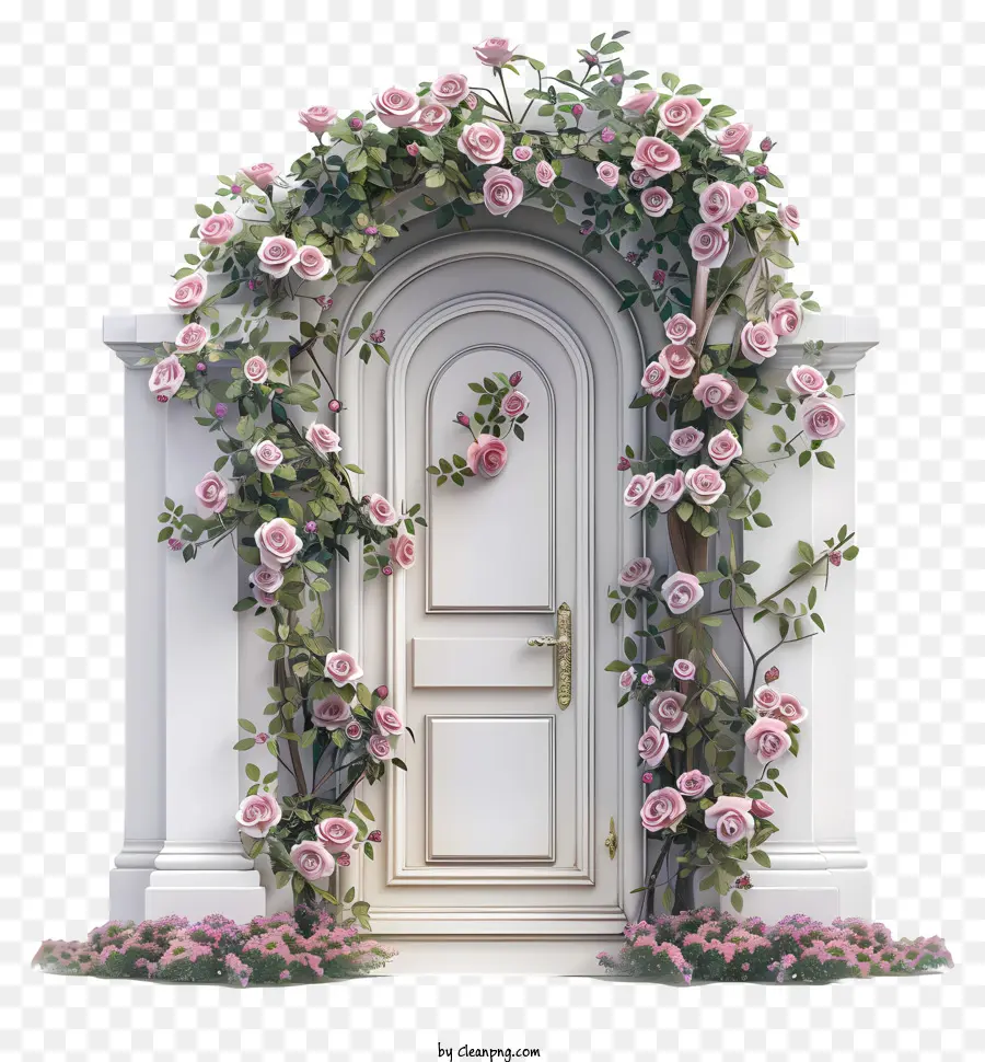 Весенний цветочный дверной проем，белая дверь PNG