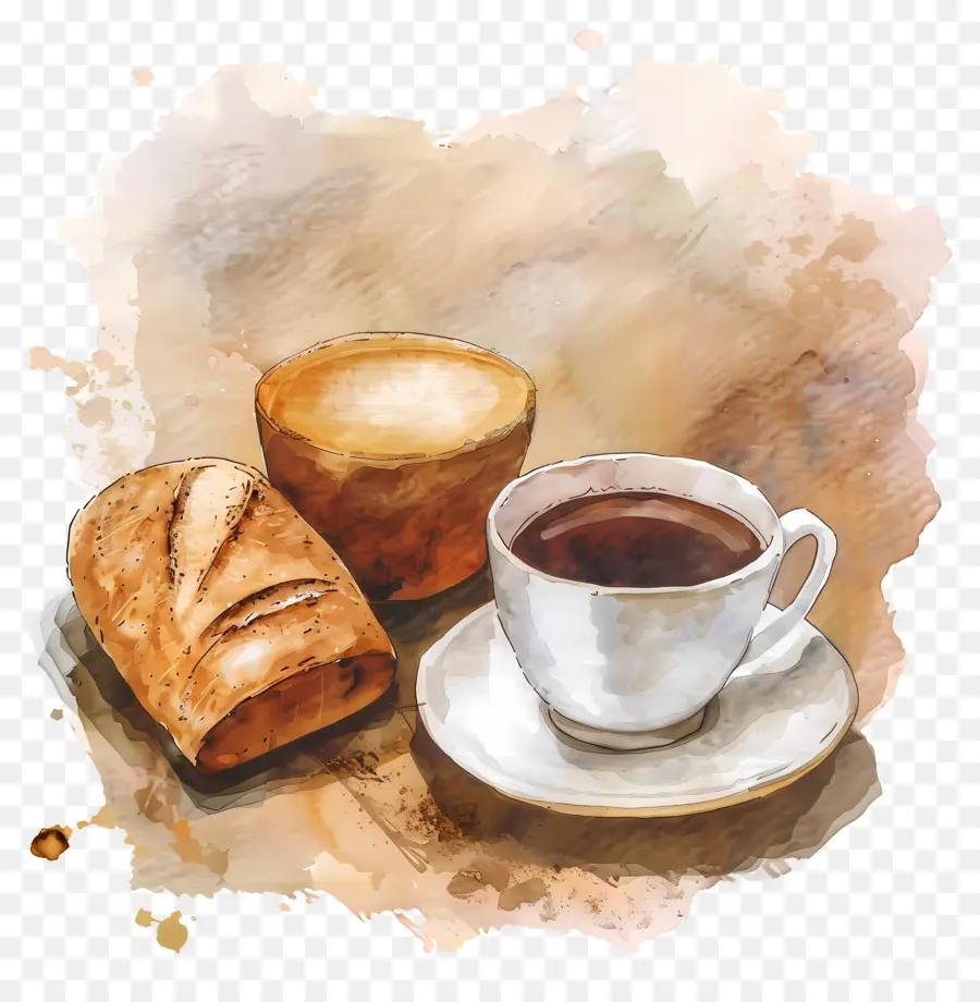 кофе и хлеб，акварельная живопись PNG