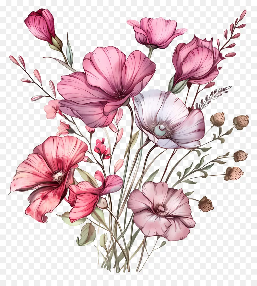 Розовые цветы，белые цветы PNG
