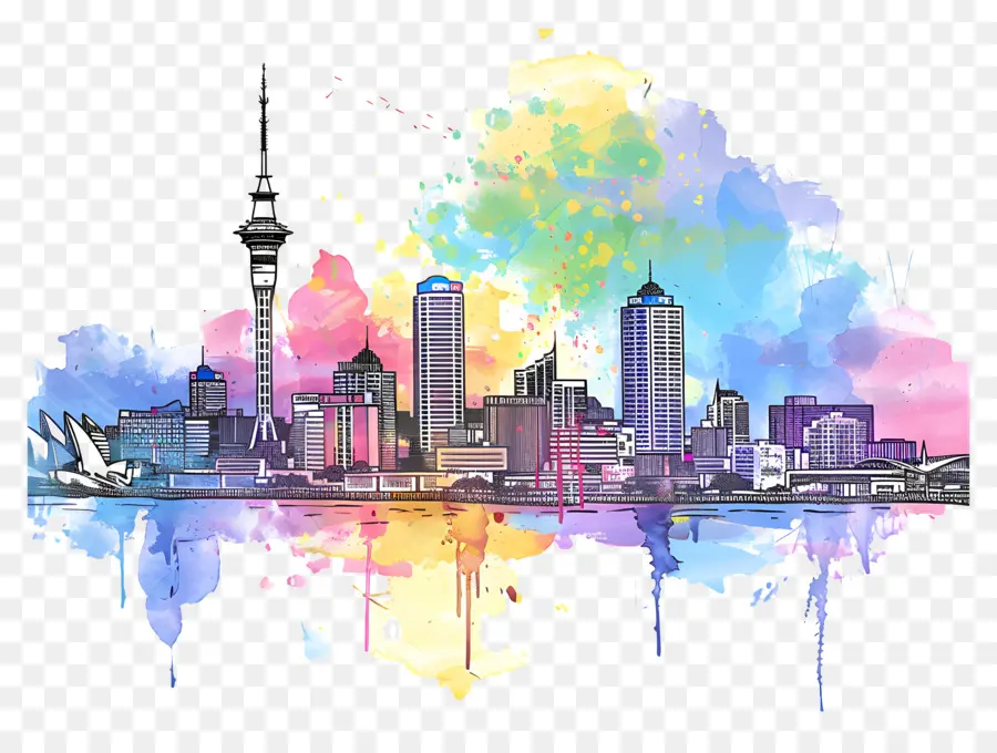 Окленд Skyline，акварельная живопись PNG