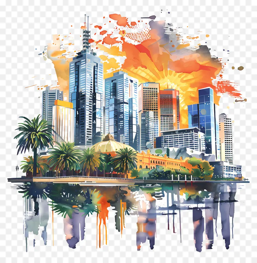 Мельбурнский город Skyline，акварельная живопись PNG