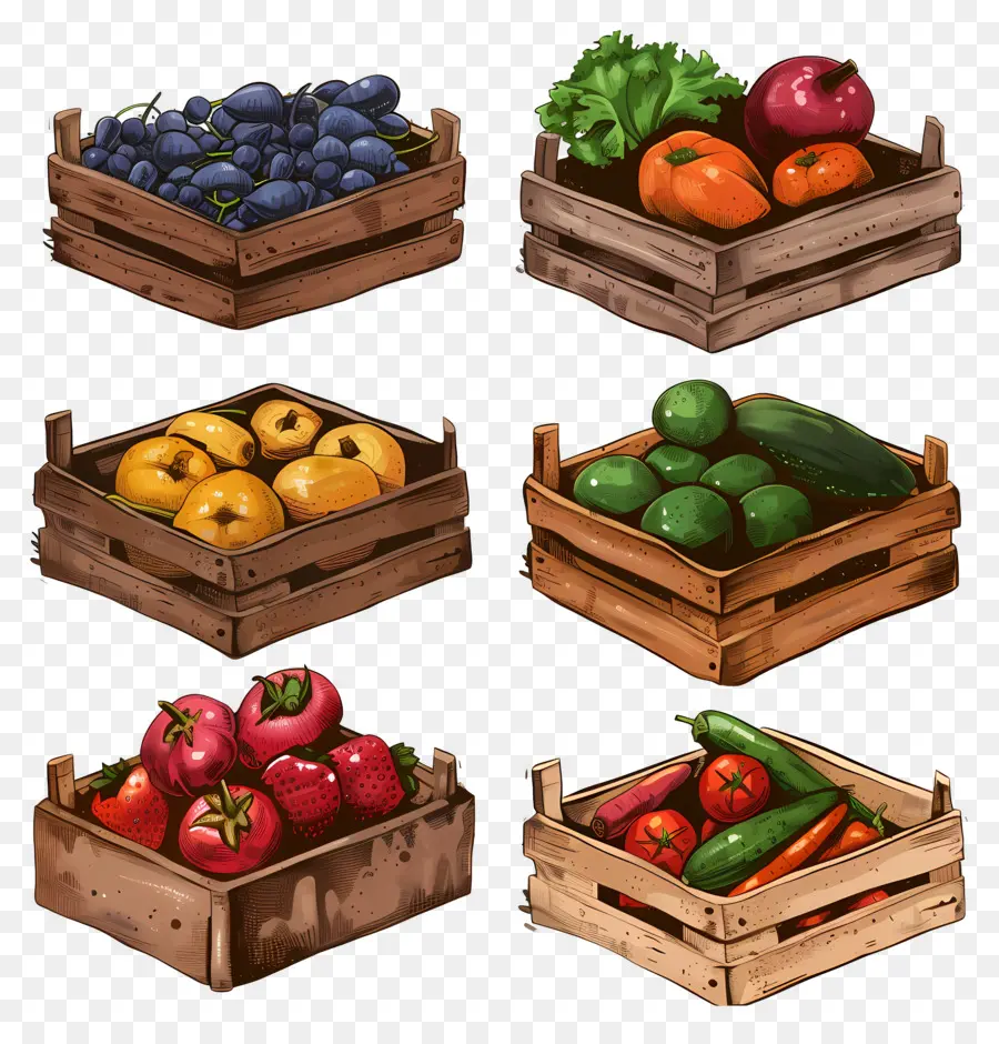 овощи и фрукты，деревянные ящики PNG
