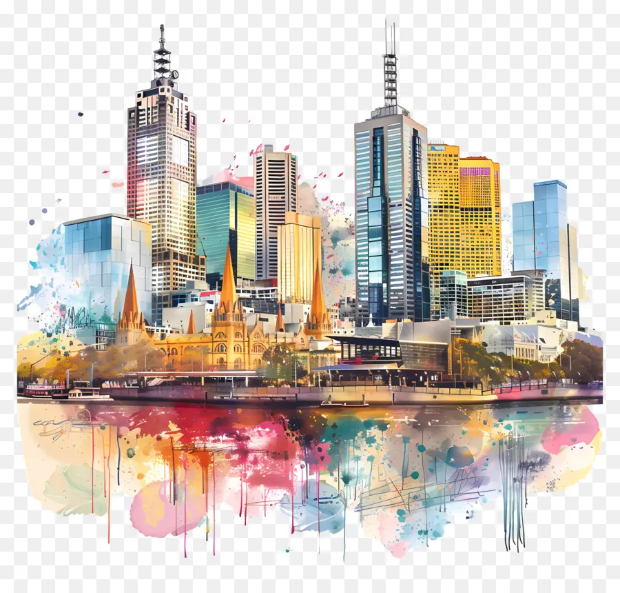 Мельбурнский город Skyline，Акварельный городской пейзаж PNG