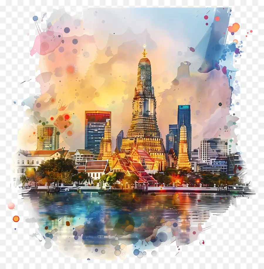 Бангкок Skyline，акварельная живопись PNG
