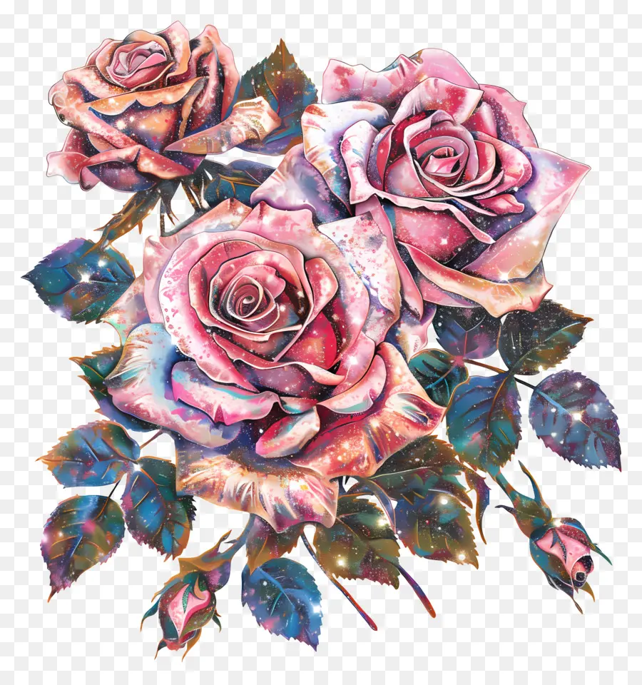 Блестящие розы букет，розовые розы PNG