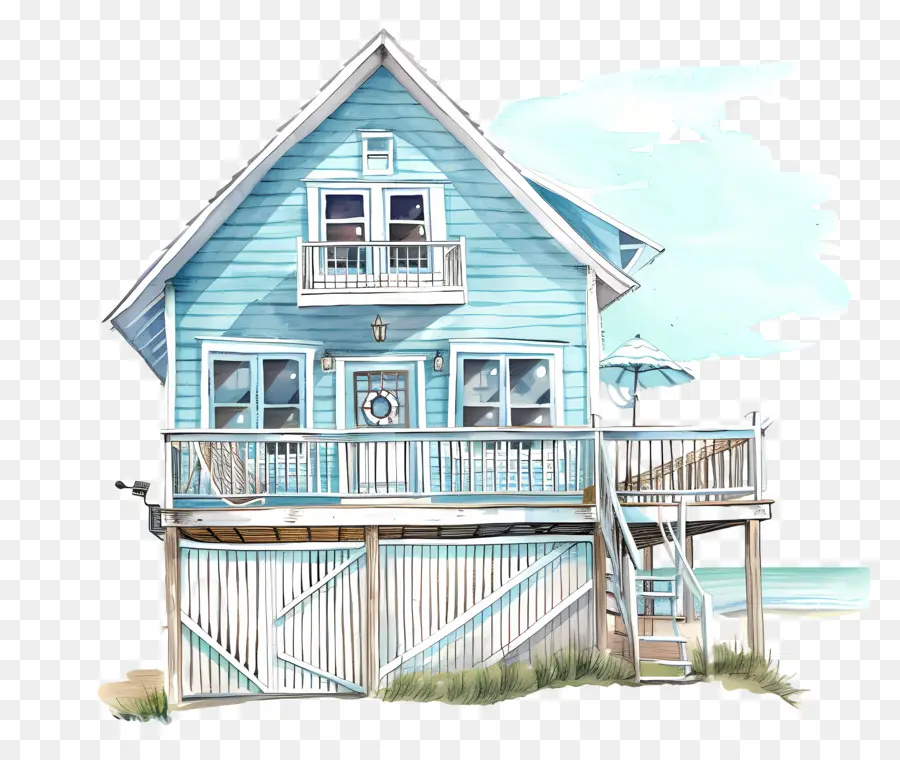 домик на пляже，Голубой дом PNG
