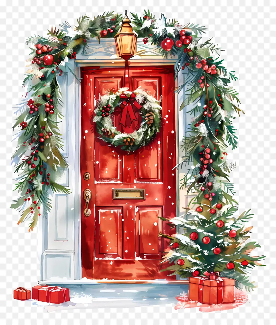 рождественские двери，Красная входная дверь PNG