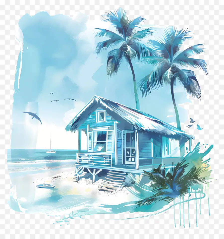 дом на пляже，акварельная живопись PNG