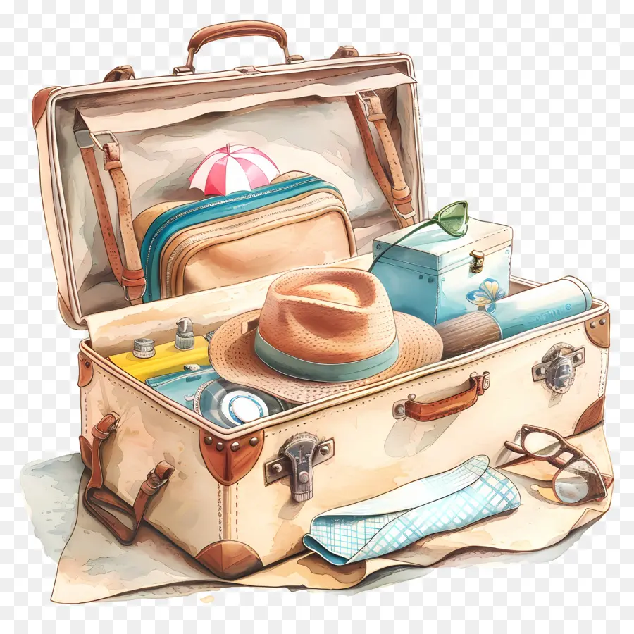 чемодан с предметами путешествия，старинный чемодан PNG