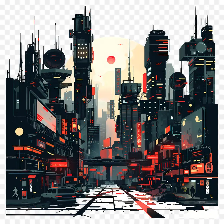 Cyberpunk Cityscape，Футуристический городской пейзаж PNG