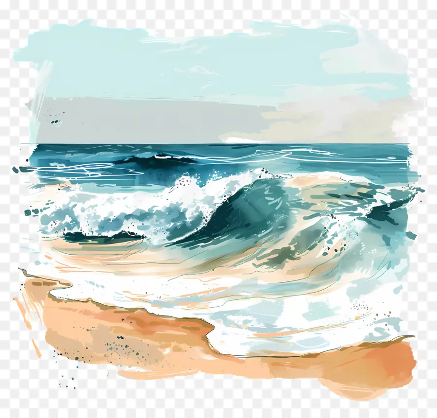 пляж волны，акварельная живопись PNG