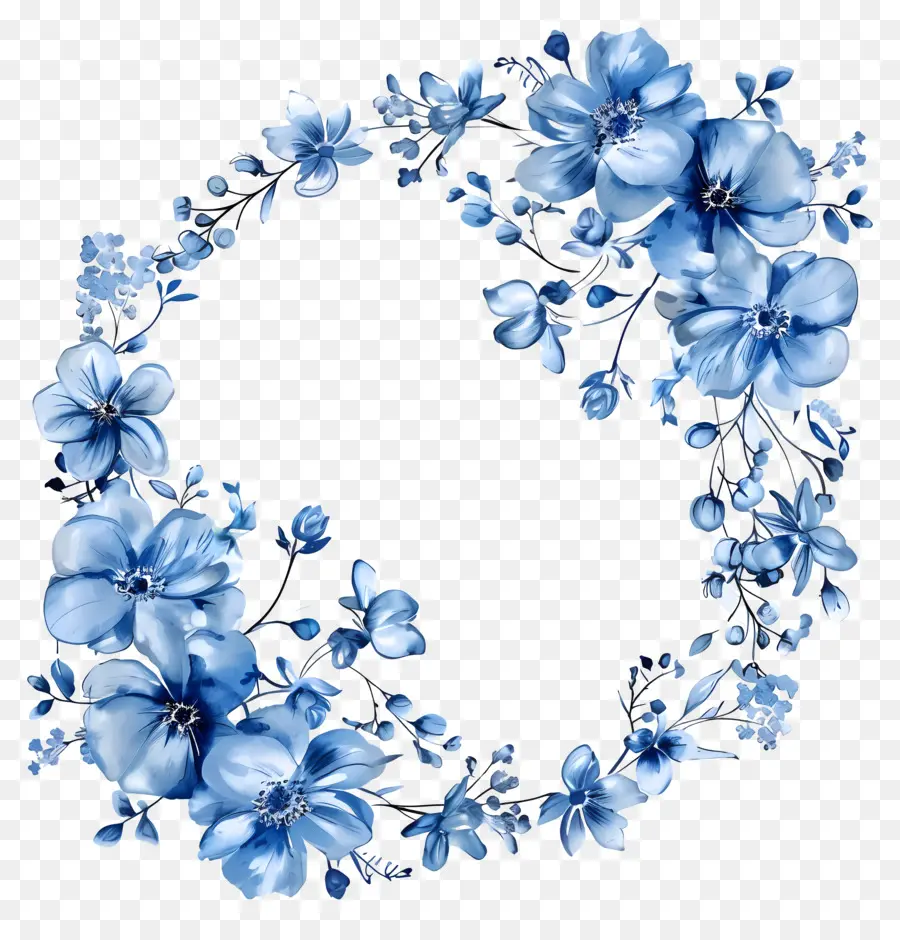 Синий цветочный круглый кадр，синие цветы PNG