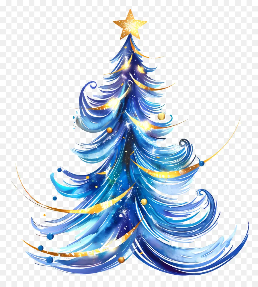 Рождественская елка，голубая и золотая акварель PNG