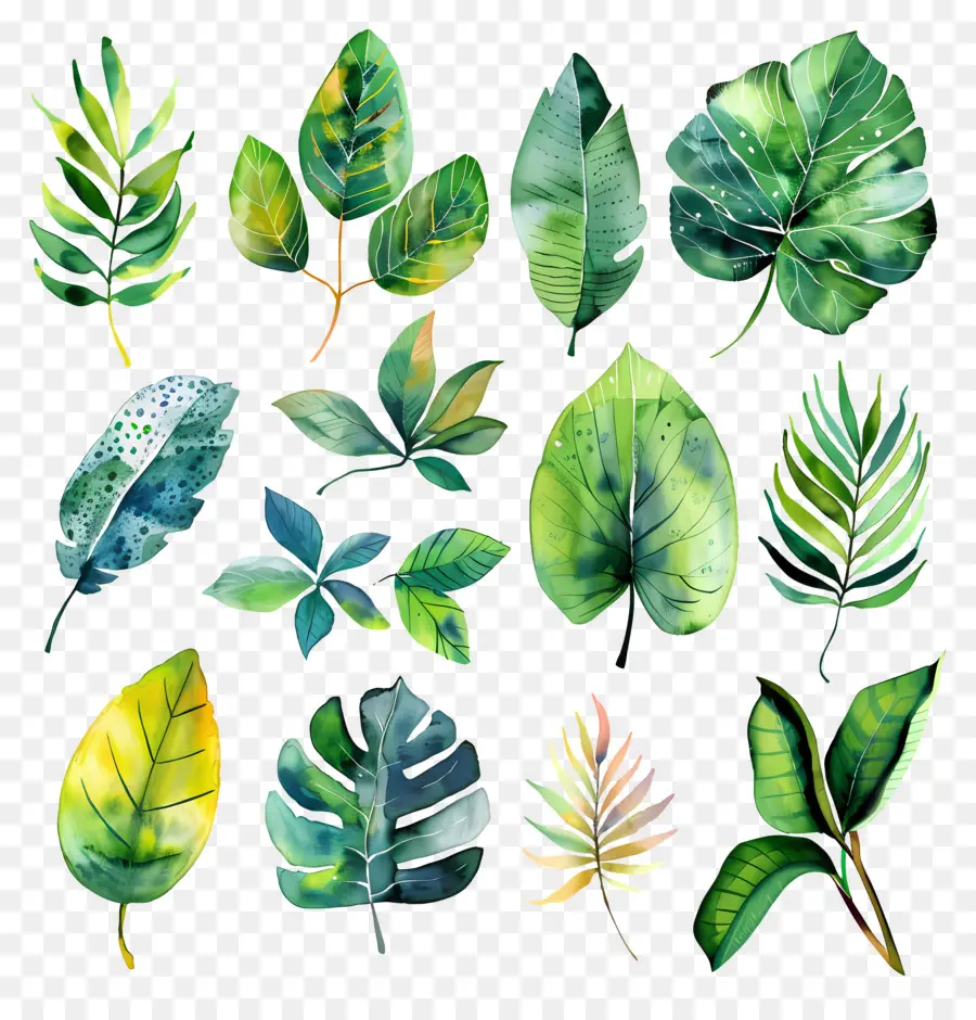 Акварельный лист клипарт，зеленые растения PNG