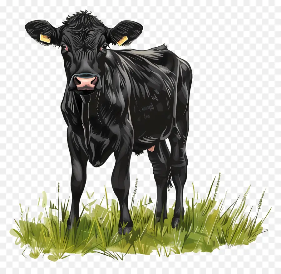 Черная корова，зеленое поле PNG