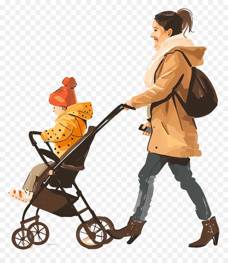 Женщина толкает коляску，Baby Stroller PNG