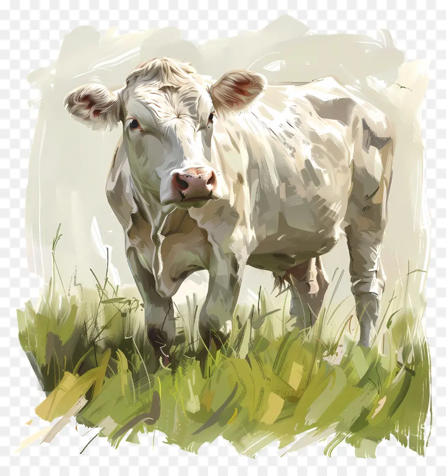 белая корова，зеленая трава PNG