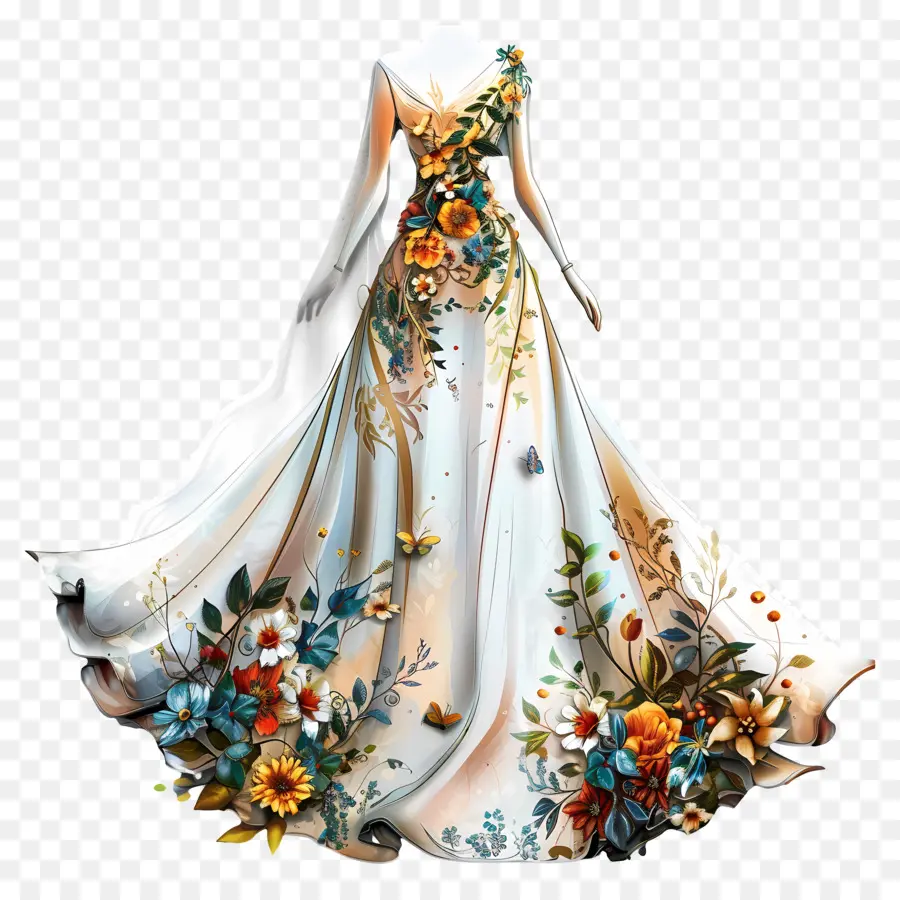 белое свадебное платье，цветочное платье PNG