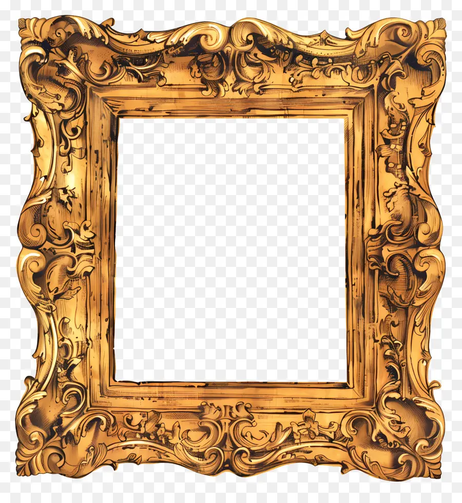 Золотая деревянная рама，богато украшенная золотая рама PNG