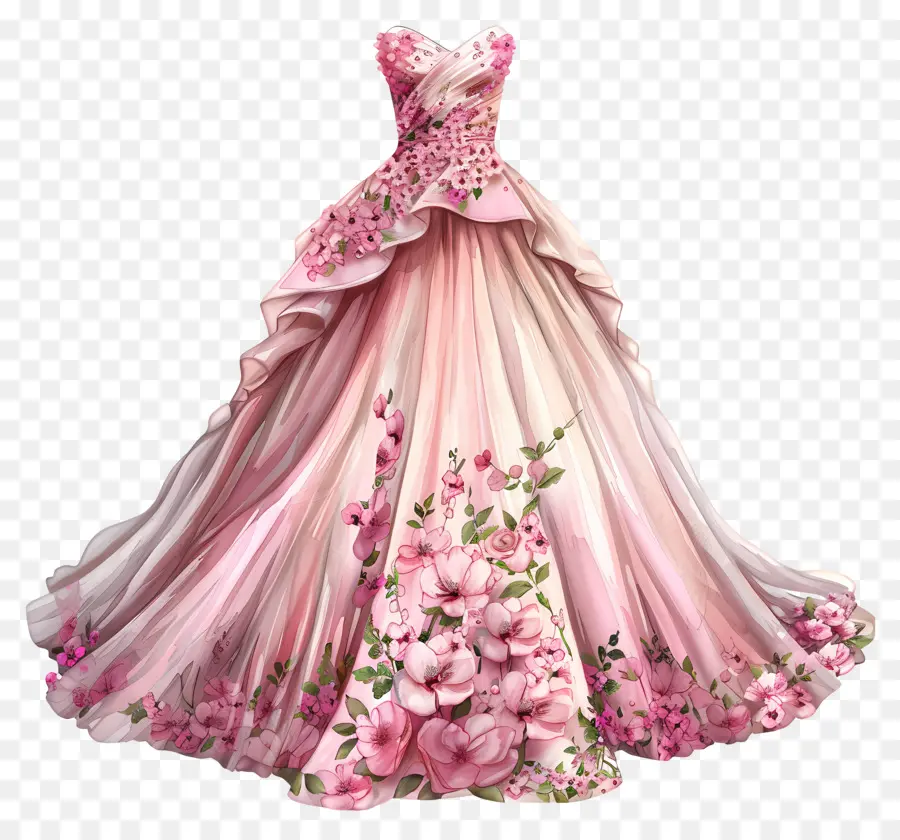 Розовое свадебное платье，цветочный дизайн PNG