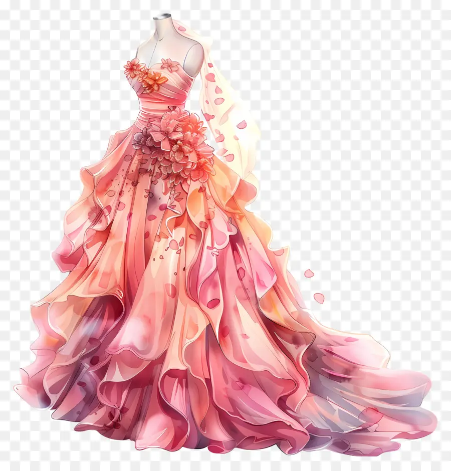 Розовое свадебное платье，цветочный дизайн PNG