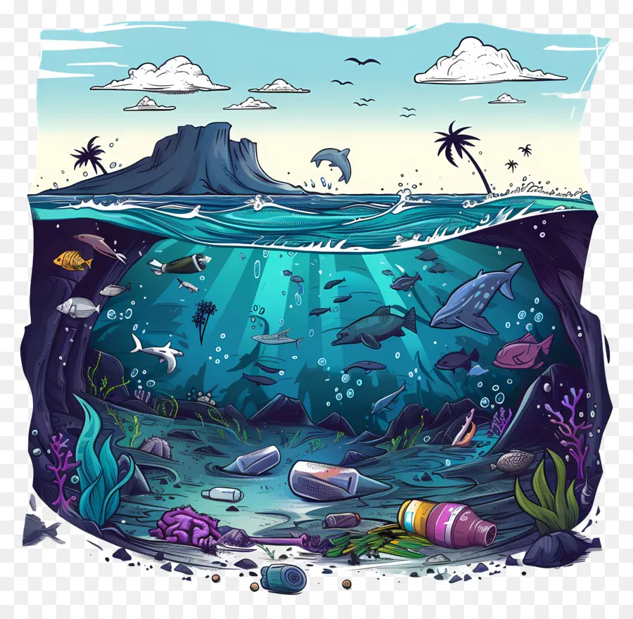 подводная сцена，Морской мусор PNG