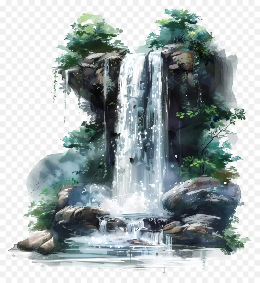 Водопад，зеленый лес PNG