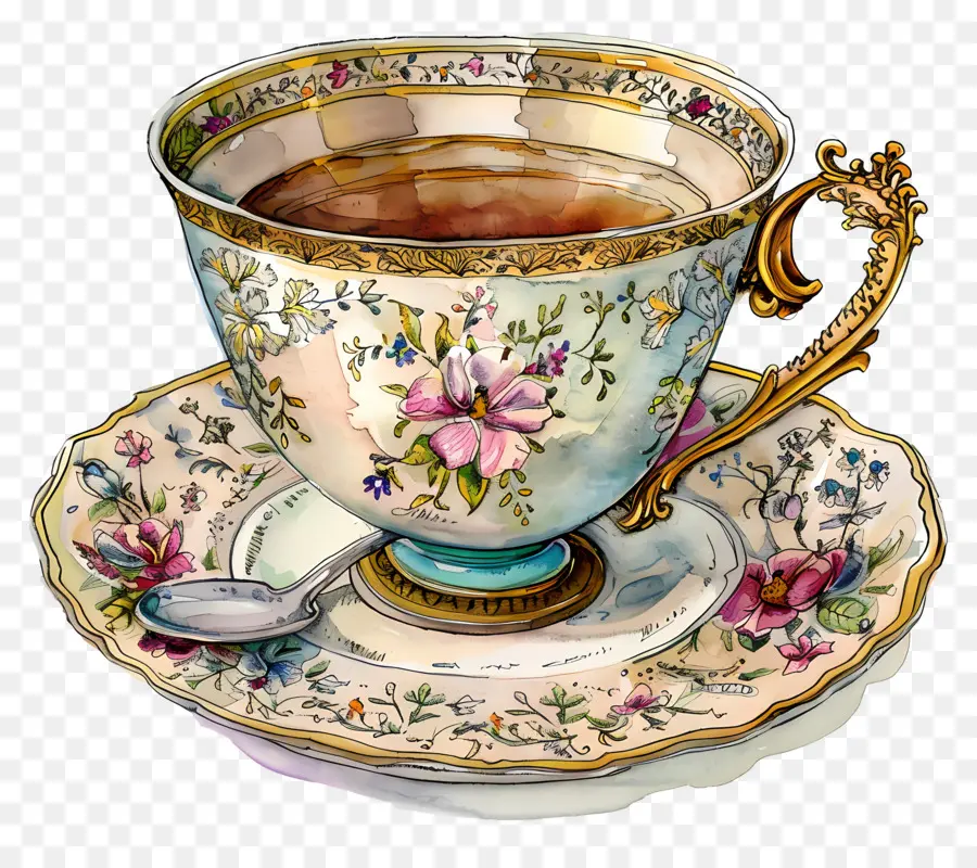 чашка чая，винтажная чайная чашка и блюдца PNG