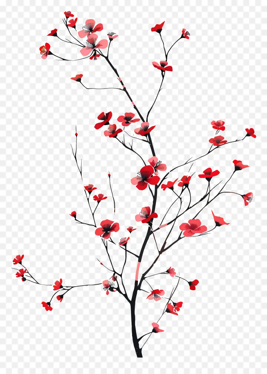 красные цветы，ветви деревьев  PNG