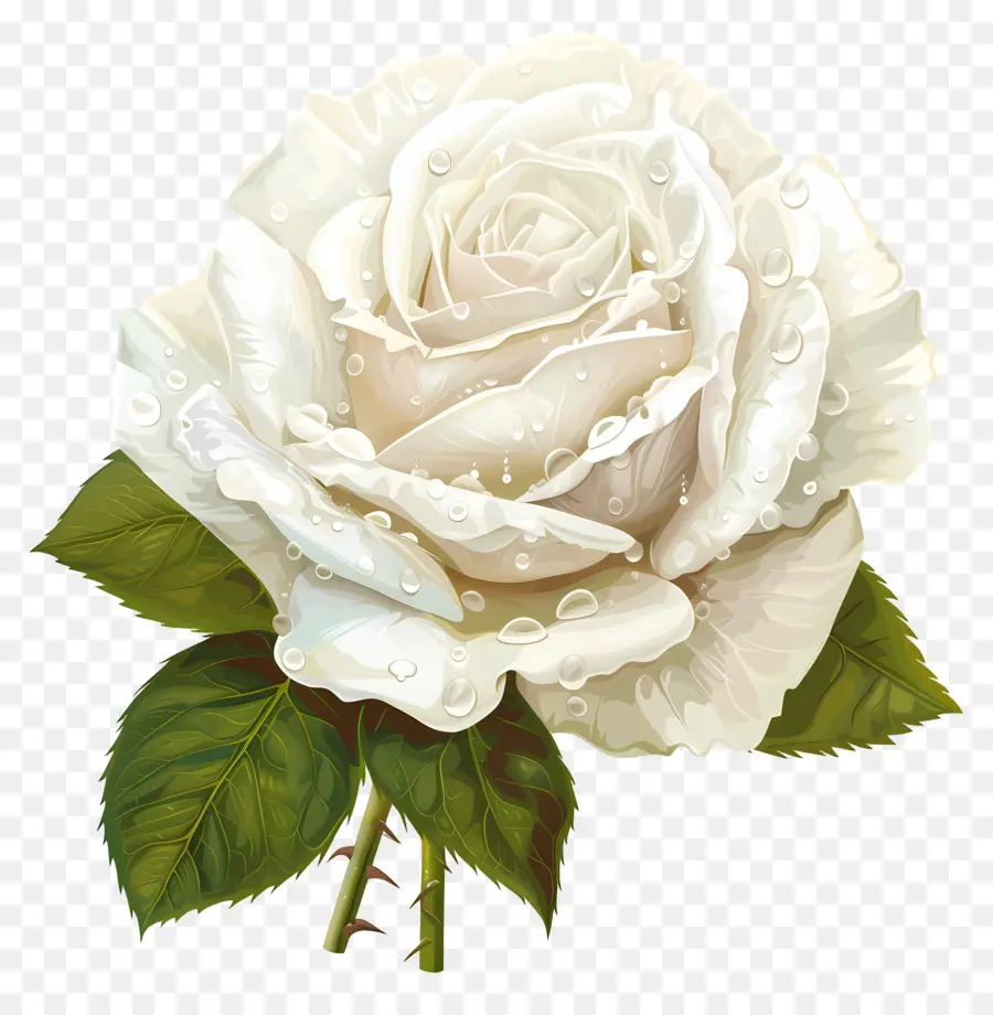 Белая Роза，капли воды PNG